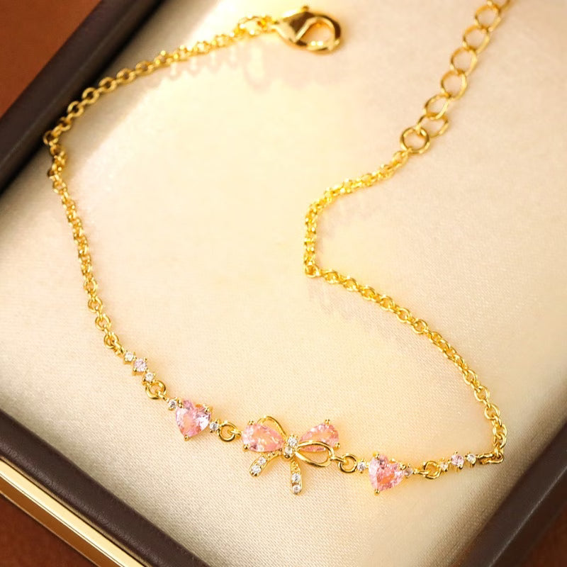 Cute Pink Bow Heart Bracelet, Easy Retro Women's Daily Party Holiday Accessory