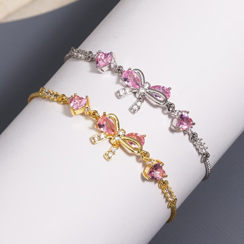 Cute Pink Bow Heart Bracelet, Easy Retro Women's Daily Party Holiday Accessory