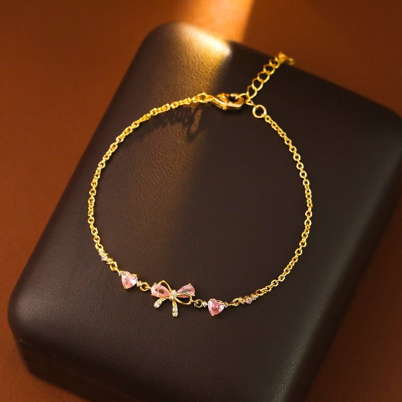Cute Pink Bow Heart Bracelet, Easy Retro Women's Daily Party Holiday Accessory