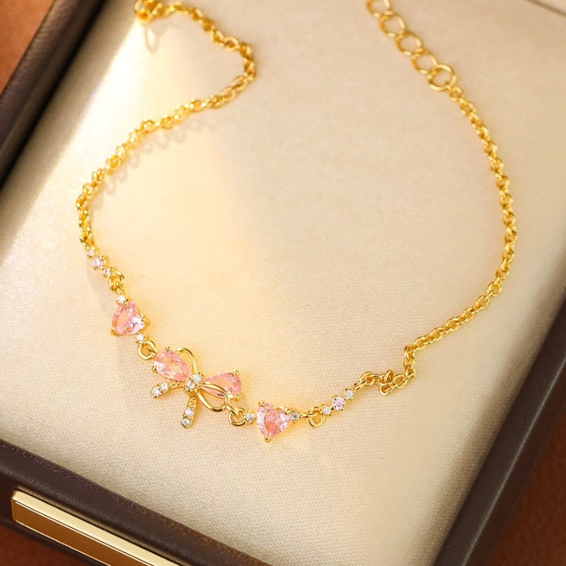 Cute Pink Bow Heart Bracelet, Easy Retro Women's Daily Party Holiday Accessory